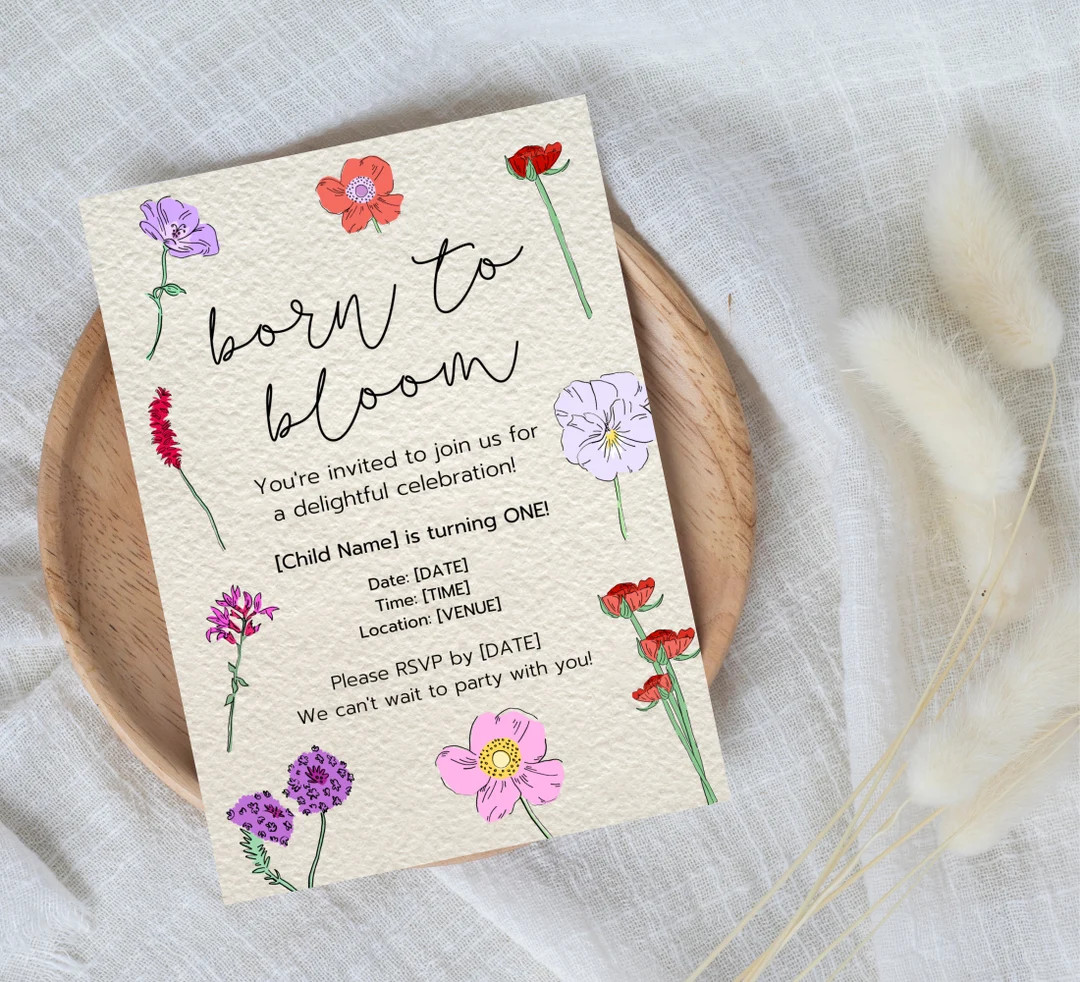 Born to Bloom Birthday Invitation, Wild Flower Personalised Birthday Invite, Canva Template - Ets... | Etsy (US)