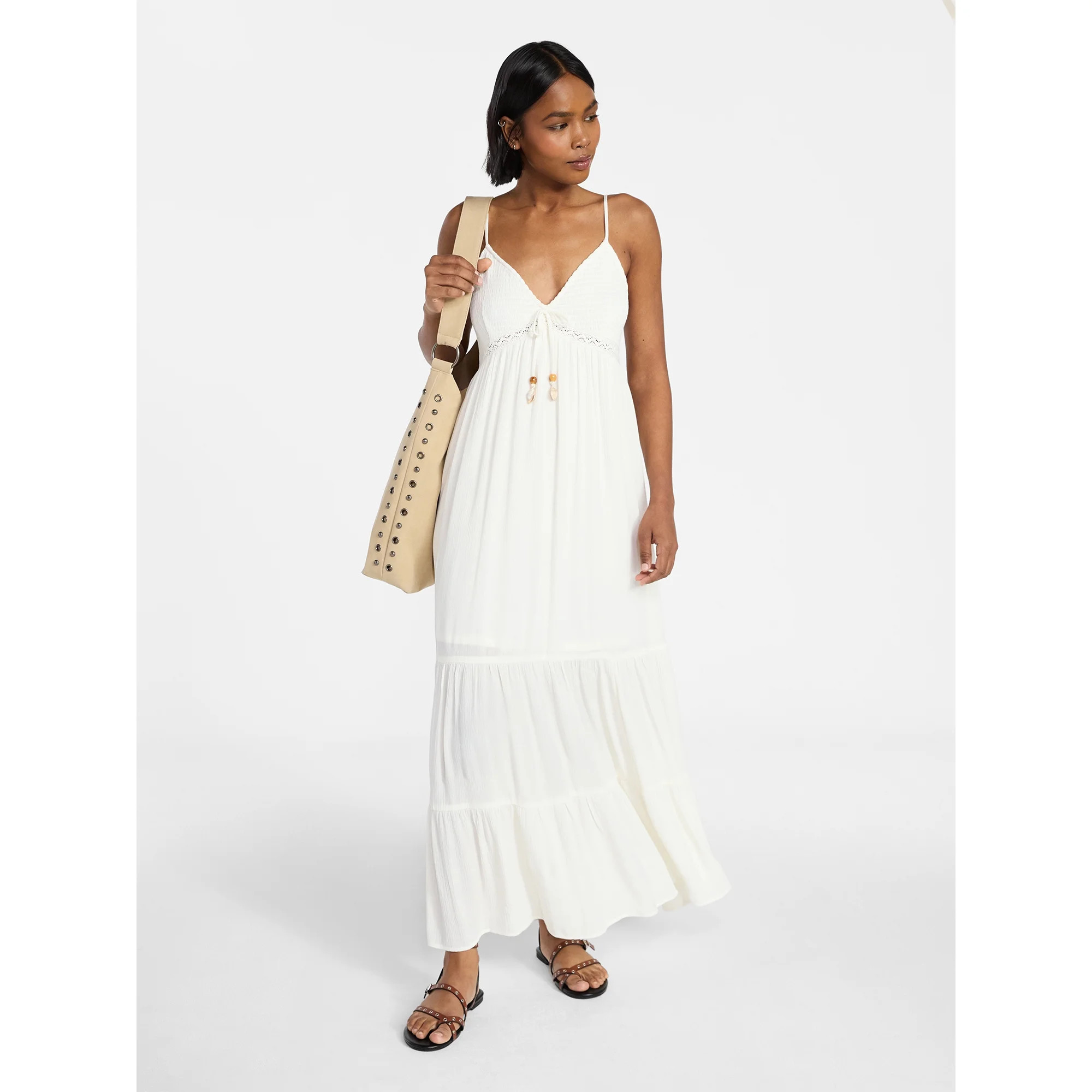 No Boundaries Crochet Lace Trim Tiered Maxi Dress, Women's XXS-XXL | Walmart (US)