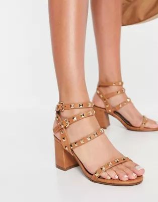 Miss Selfridge studded block heel sandals in tan | ASOS (Global)