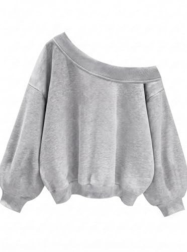 Womens Off Shoulder Sweatshirt Oversized Fleece Long Sleeve Top Gray Small | Amazon (US)