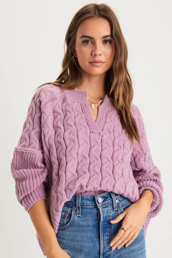 Toasty Charm Lavender Cable Knit Notched Oversized Sweater | Lulus
