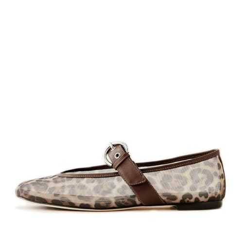 DOEYG Leopard Mesh Ballet Flats for Women Round Toe Slip on Mary Jane Flats Shoes Comfortable Casual Dress Fashion Ballerina Flat Shoes with Buckle US Size 6.5 | Amazon (US)
