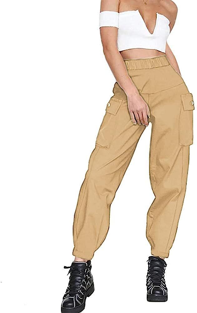 guyueqiqin Women's Cargo Pants, Casual Outdoor Solid Color Elastic High Waisted Baggy Jogger Work... | Amazon (US)