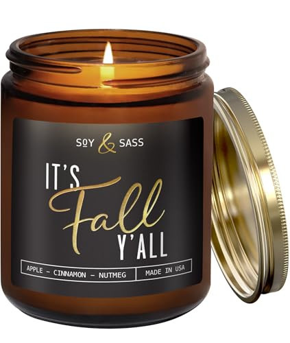 Fall Candles - 'It's Fall Yall' Candle w/Apple Cinnamon & Nutmeg I Infused with Essential Oils I Autumn Scented Candles I Cozy Cute Autumn Décor Gifts I 9oz Jar I 50Hr Burn I Made in USA | Amazon (US)