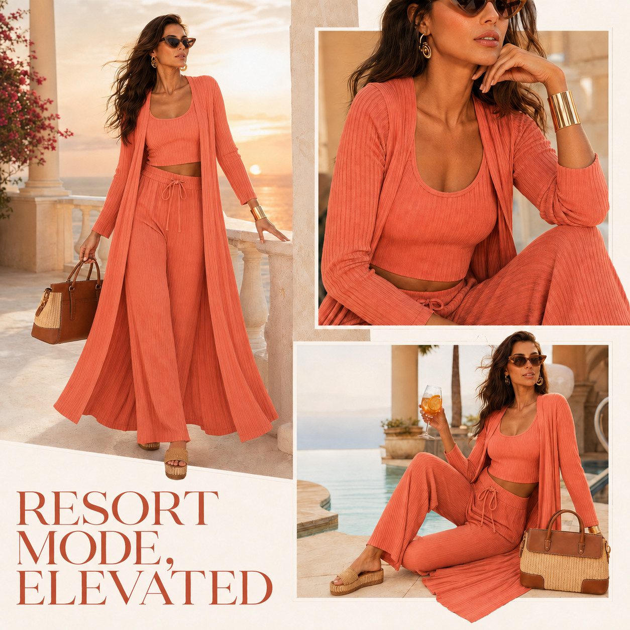 The FESSCERUNA coral 3-piece lounge set that makes vacation dressing look effortlessly expensive. 🧡✨

This FESSCERUNA 3-piece loungewear set includes a fitted cropped tank, high-waisted wide-leg pants, and a long open-front cardigan—giving you one complete matching outfit plus three versatile pieces to style separately. 

The warm coral color is bold, flattering, and made for golden-hour photos, while the tonal ribbed texture gives the entire look an elevated resort feel.

The fitted tank balances the flowy pants beautifully, the drawstring waist keeps the fit comfortable, and the sweeping long cardigan adds lightweight coverage and dramatic movement. 

Style the full set with woven platform sandals, oversized sunglasses, gold jewelry, and a structured raffia bag for a polished monochromatic look.

Perfect for resort outfits, beach vacations, cruises, European summer travel, poolside cocktails, vacation dinners, girls’ trips, airport outfits, and elevated everyday loungewear. 

Wear the tank with linen shorts, pair the pants with a bodysuit, or layer the cardigan over swimwear to create even more outfits from one set.

Comfortable enough for slow resort mornings, polished enough for sunset dinner plans, and eye-catching enough to earn compliments everywhere you wear it.

📌 SAVE this coral FESSCERUNA 3-piece set before your size sells out!

Everything is linked! ↓

#LTKActive #LTKSaleAlert #LTKTravel