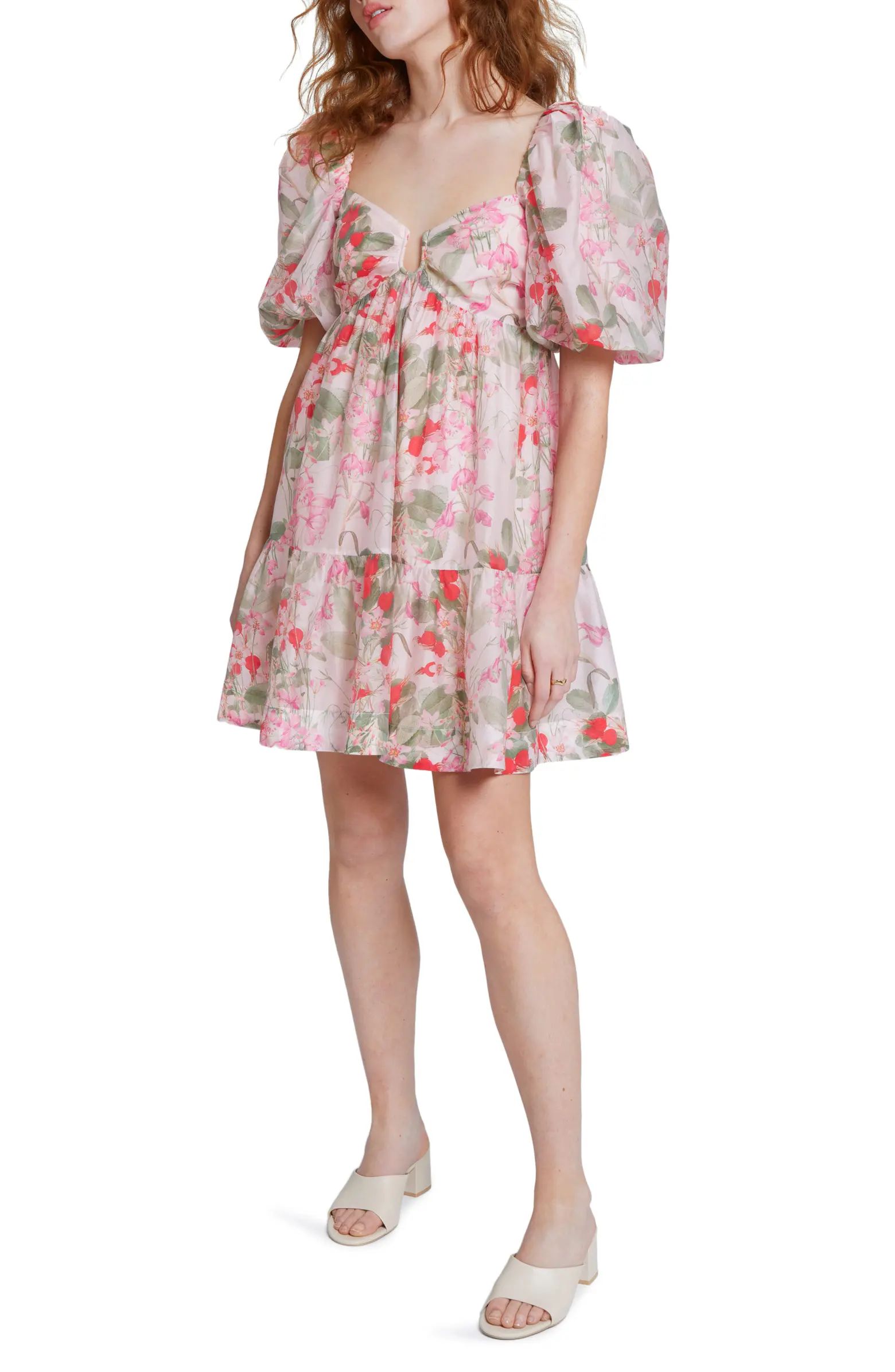 Floral Print U-Bar Puff Sleeve Tiered Babydoll Dress | Nordstrom