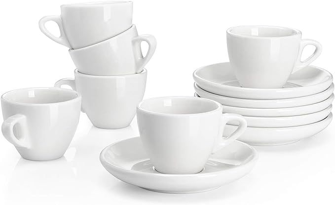 Sweese 401.001 Porcelain Espresso Cups with Saucers - 2 Ounce - Set of 6, White | Amazon (US)