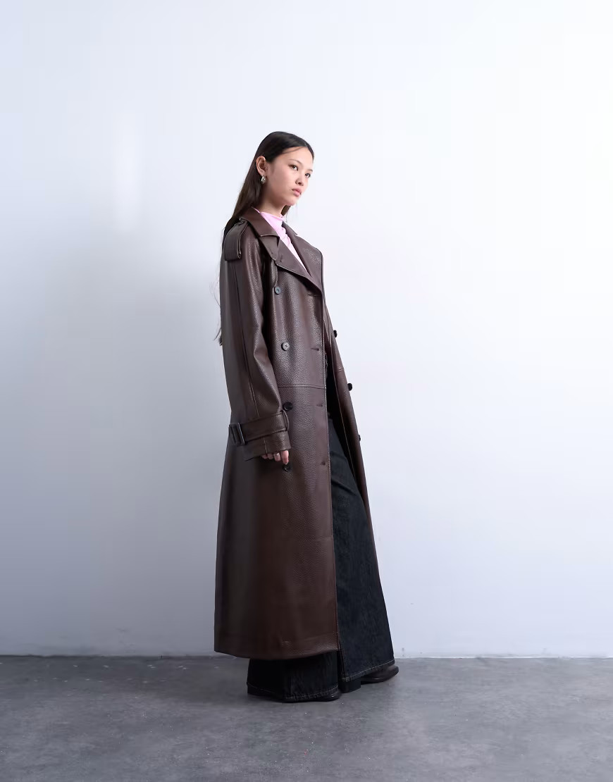 Topshop bubble PU faux leather trench coat in brown | ASOS (Global)