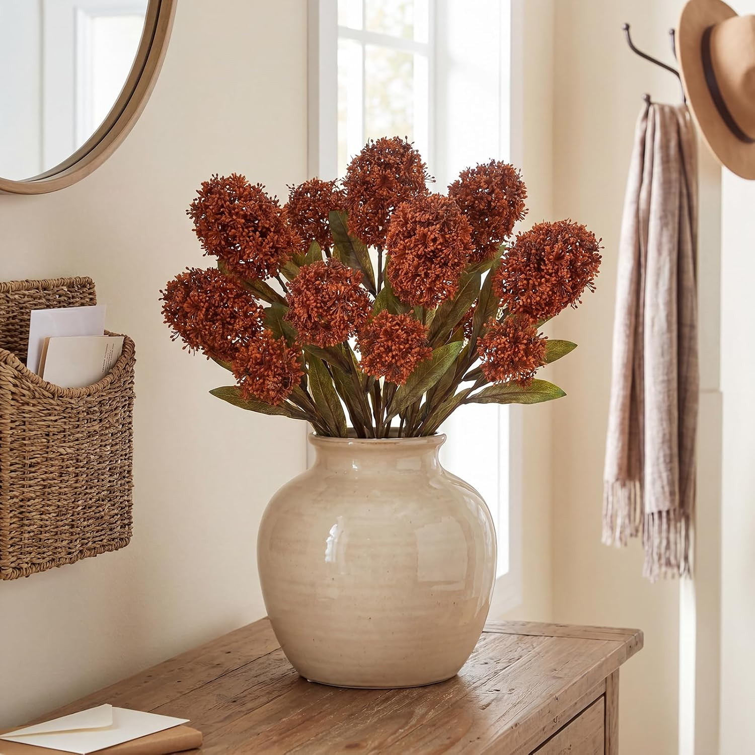 Briful 3PCS Faux Fall Flowers 22.8in Burnt Orange Skimmia Spray Artificial Flower Branches Fake Fall Skimmia Stems for Autumn Home Vase Floral Arrangement Wedding Party Decor | Amazon (US)