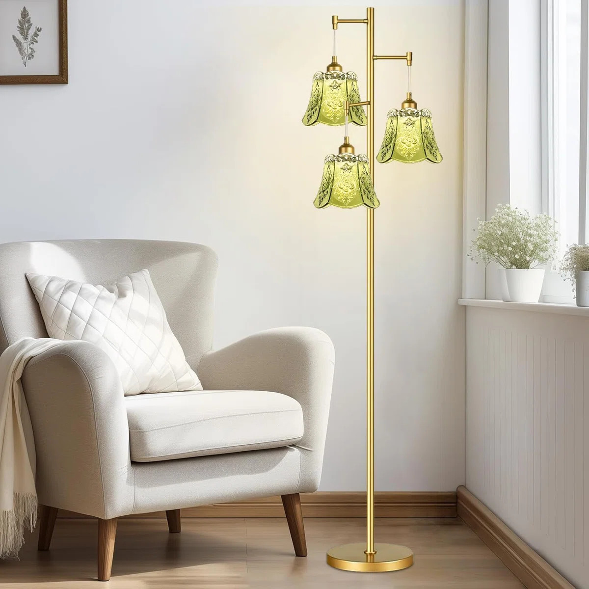69-inch Green Bohemian-style Three-head Floor Lamp With Glass Floral Shade And Iron Base Frame, S... | Wayfair North America