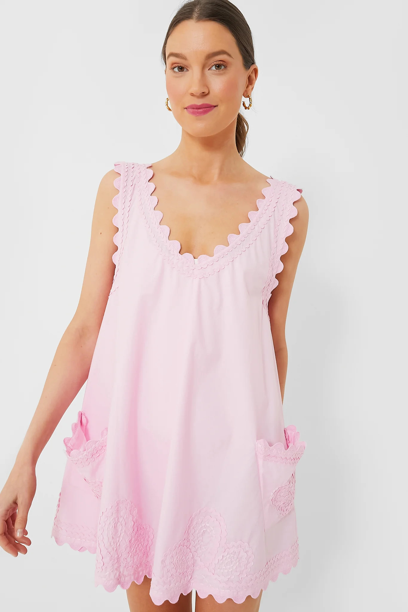 Pale Pink Poplin Low Back Dress with Ric Rac Embroidery | Tuckernuck (US)