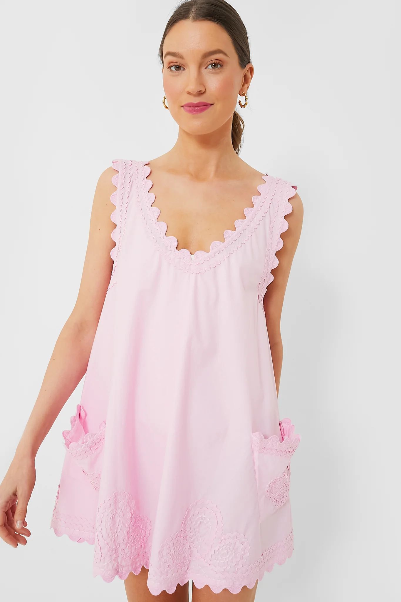 Pale Pink Poplin Low Back Dress with Ric Rac Embroidery | Tuckernuck (US)
