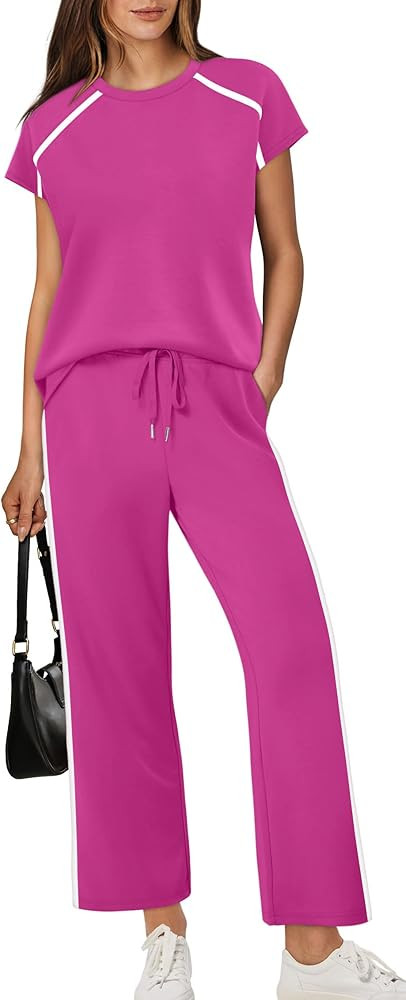 XIEERDUO 2 Piece Sets for Women Crew Neck Travel Airport Outfits Summer Fashion Clothing Cap Slee... | Amazon (US)