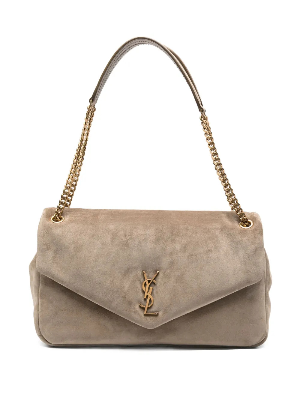 Saint Laurent Large Calypso logo-plaque Suede Shoulder Bag | Neutrals | FARFETCH GR | Farfetch Global