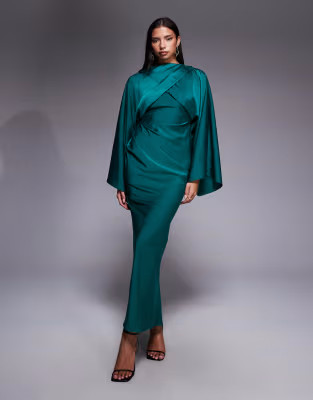 ASOS DESIGN wrap front batwing satin bias maxi dress in green | ASOS (Global)