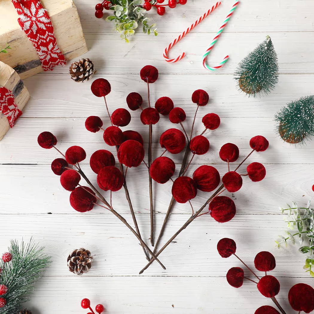 8 Pcs Burgundy Christmas Picks 14 inch Velvet Christmas Tree Ornaments Red Velvet Spheres Ball Pi... | Amazon (US)