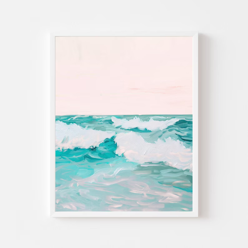 Pink Sky Ocean Waves Seascape | Pastel Coastal Sunset Printable Painting | Beach House Wall Art P... | Etsy (US)