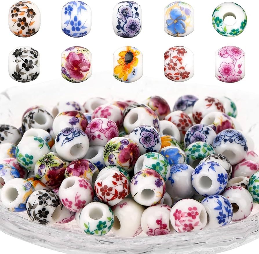 Ceramic Beads, 100 Pcs Round Porcelain Beads 8 mm Multicolor Flower Printed Spacer Beads Handmade... | Amazon (US)