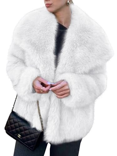 Simplee Womens Faux Fur Coat Long Sleeve Fluffy Lapel Shaggy Jacket Winter Casual Warm Fuzzy Short Outerwear(White,Medium) | Amazon (US)