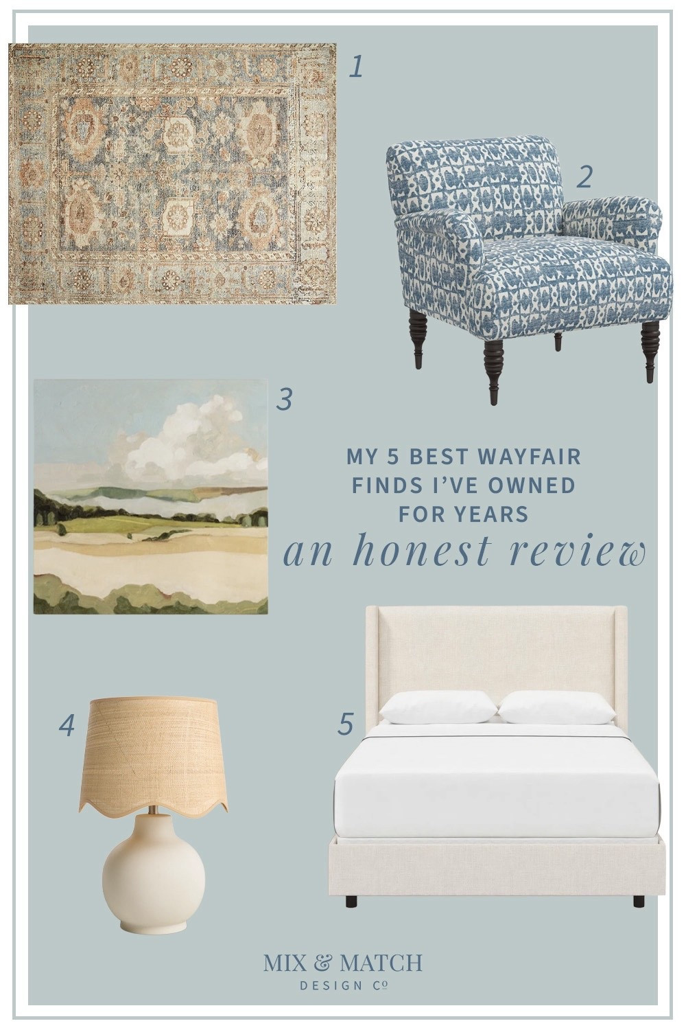 @wayfair #AD #wayfairpartner #wayfair

These are my top five BEST Wayfair finds that I’ve owned for years:
- A super soft Turkish style rug
- blue patterned chairs 
- an abstract landscape
- a table lamp with a scalloped rattan shade
- a classic wingback bed
￼
I shop Wayfair a lot because it’s a one stop shop for so many different categories in one place – from beautiful lighting to reliable furniture brands – in the shipping is also often very quick and free.

Want to know more? I’m reviewing each of these in detail on the blog at mixandmatchdesign.com. I’ll tell you how long I found it, what I love about it, and if I have any feedback or watch outs on it. I love reading a good review and if you do too, this is for you! 