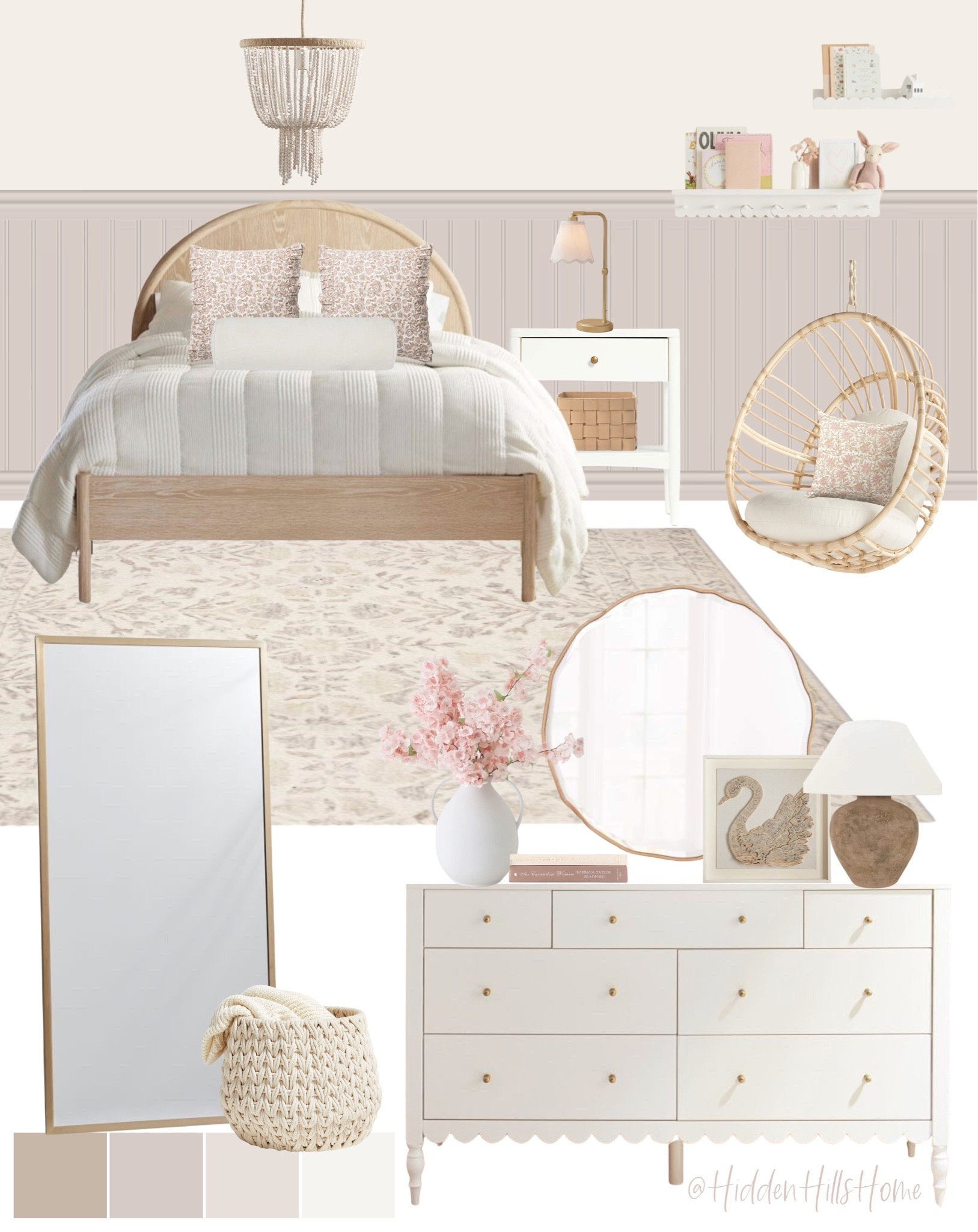 Girls room decor mood board, girls bedroom decor ideas, cute girls room design, feminine bedroom #girlsroom 
Wall color is SW Hush White and Arcade White

#LTKHome #LTKSaleAlert #LTKKids