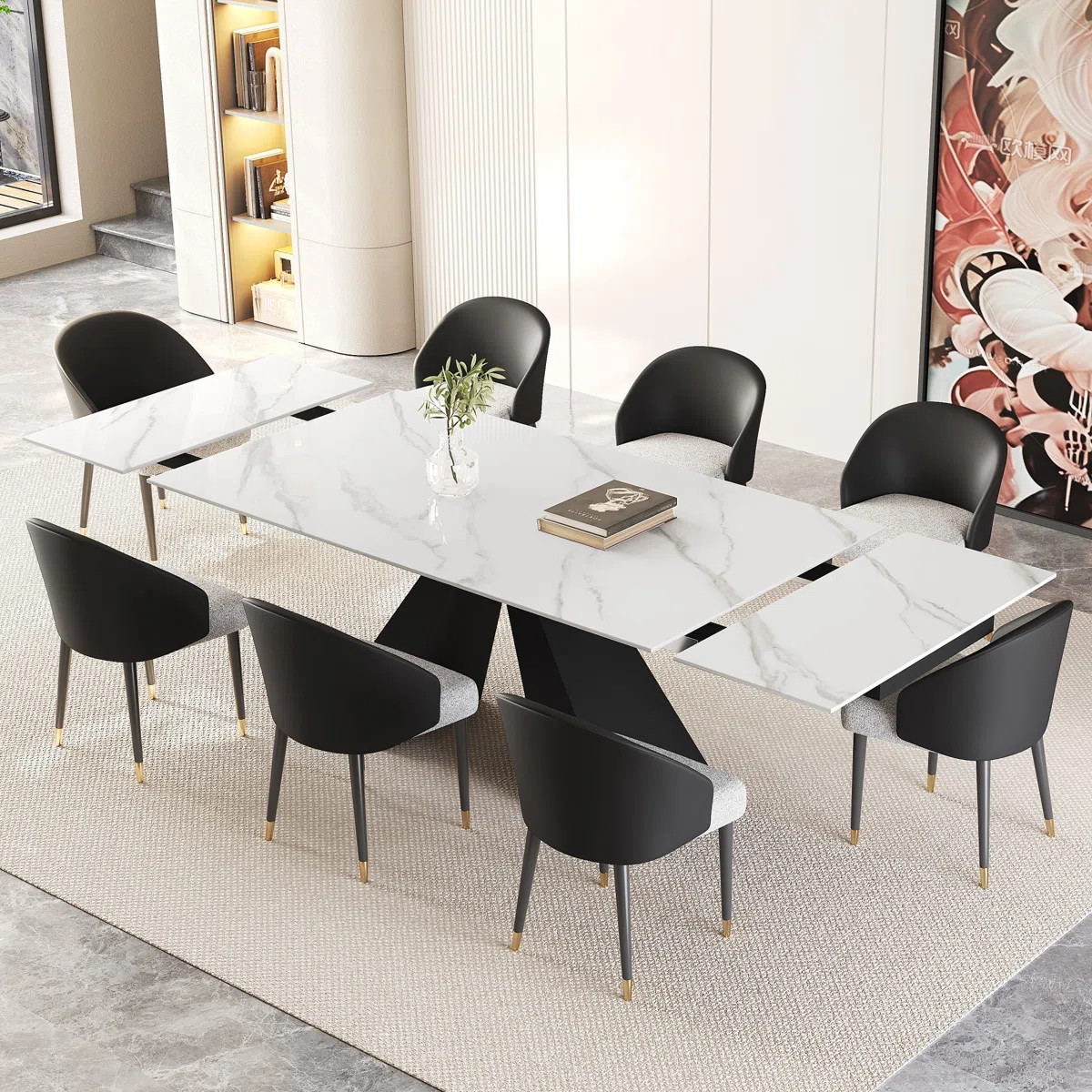 9 - Piece Marble Dining Table Set with 110” Rectangular Extendable Sintered Stone Top 8 Leather... | Wayfair North America