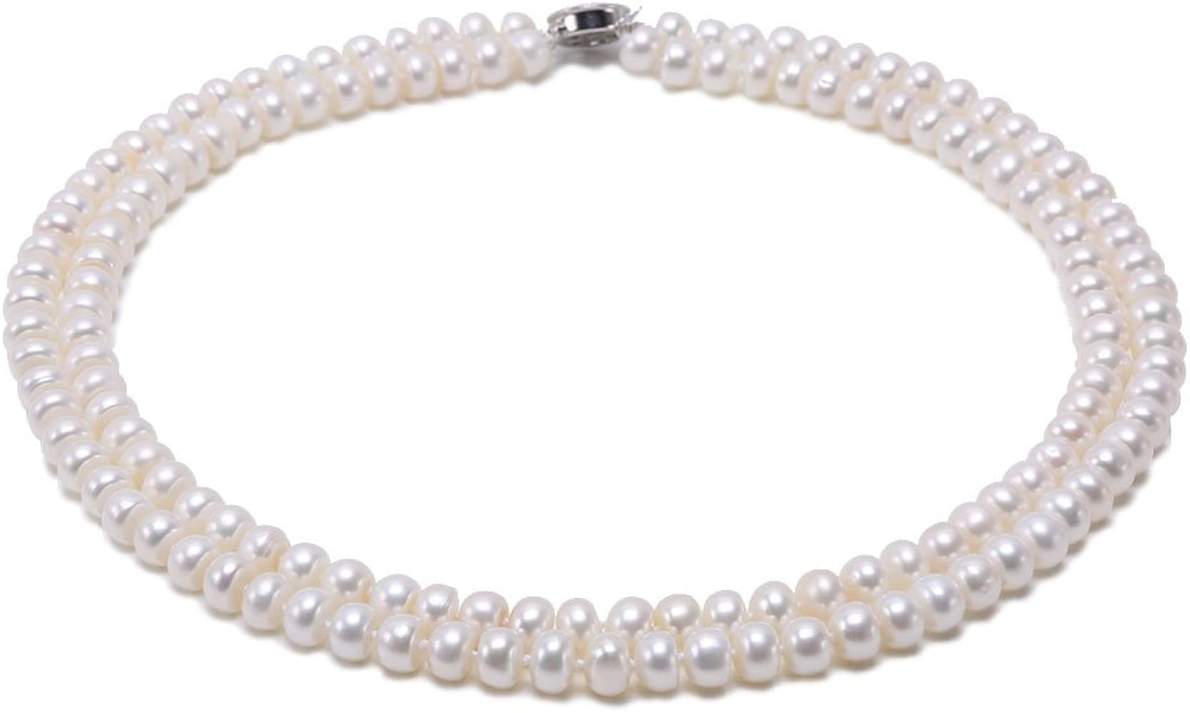 JYX Pearl Double Strand Pearl Necklace Classic 7mm Flatly Round White Freshwater Cultured Pearl Neck | Amazon (US)
