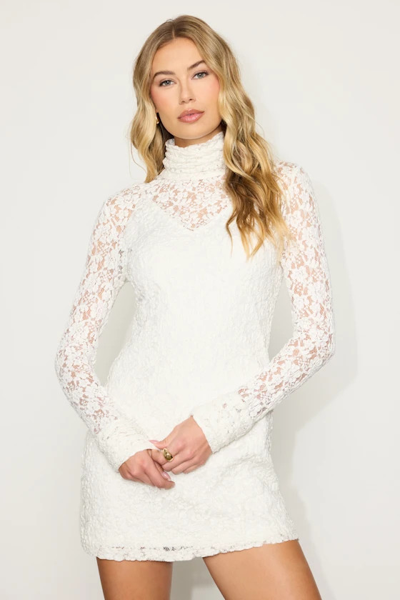 Marcy White Lace Mock Neck Mini Dress | Lulus