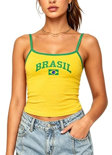 NUFIWI Women Graphic Tank Top Brazil Flag Print Spaghetti Strap Embroidered Crop Tops Sleeveless Cute Baby Tee Y2k Jersey Camisole(Brazil Yellow,L) | Amazon (US)