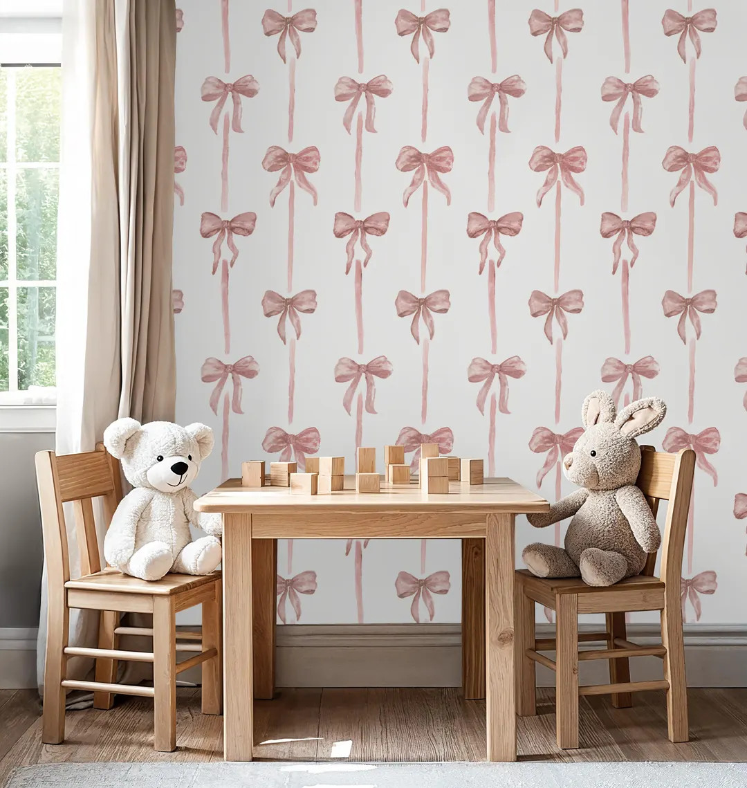 Mauve Pink Bows Wallpaper: Watercolor Nursery Wall Mural | Etsy (US)