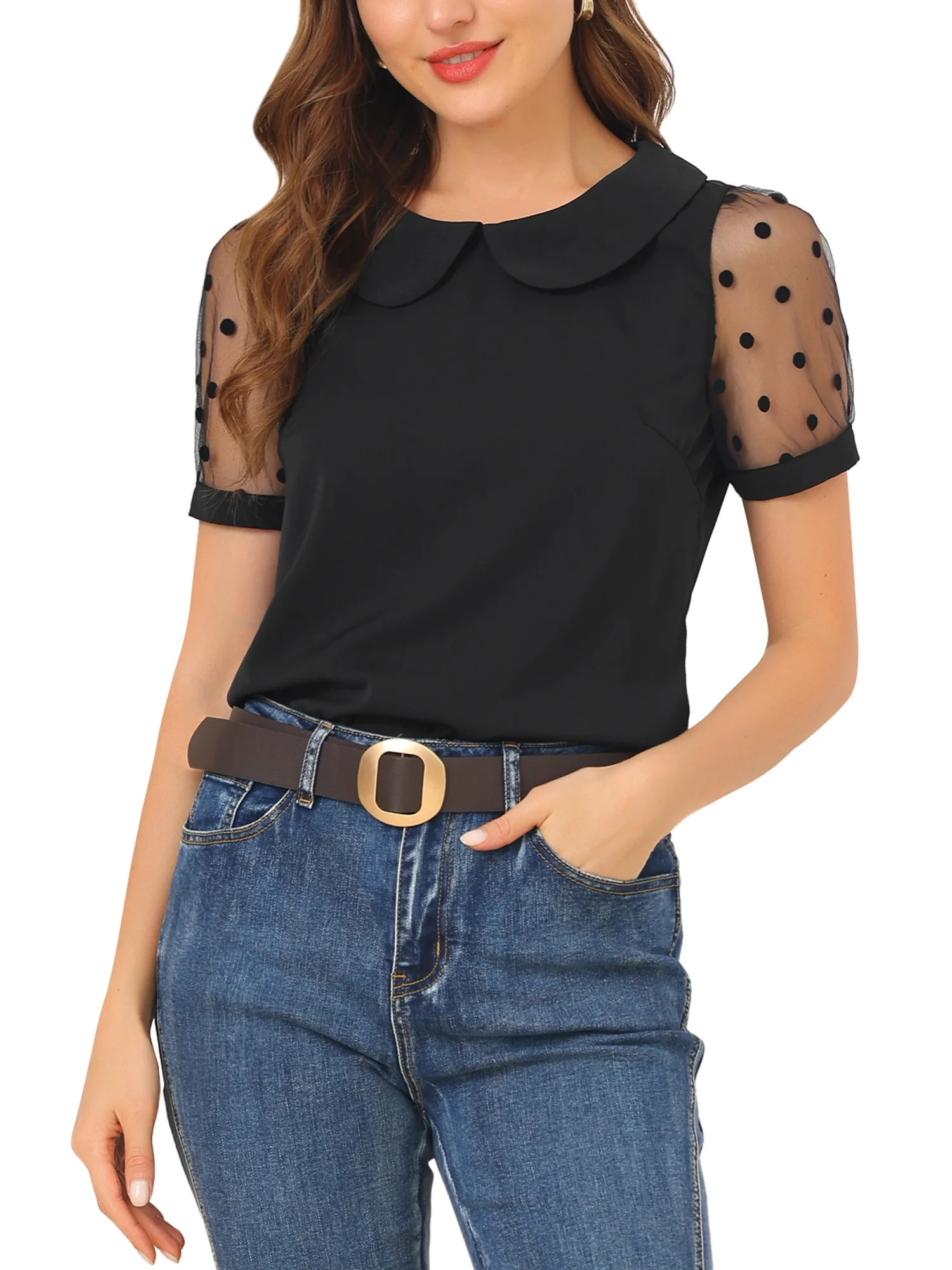 Allegra K Women's Polka Dots Peter Pan Collar Mesh Puff Short Sleeve Blouse | Walmart (US)