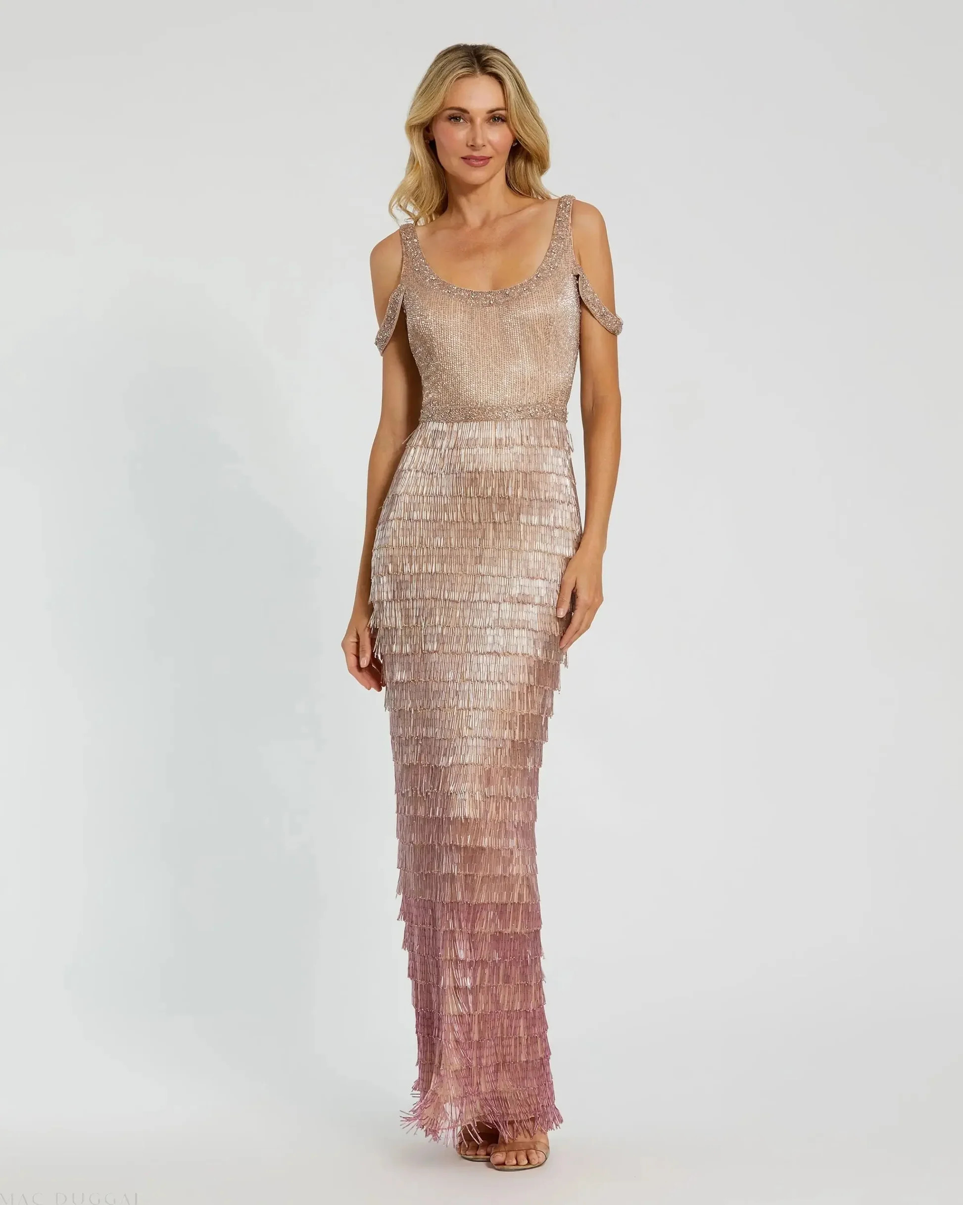 Pink Scoop Neck Embellished Fringe Ombre Gown | Mac Duggal | Mac Duggal