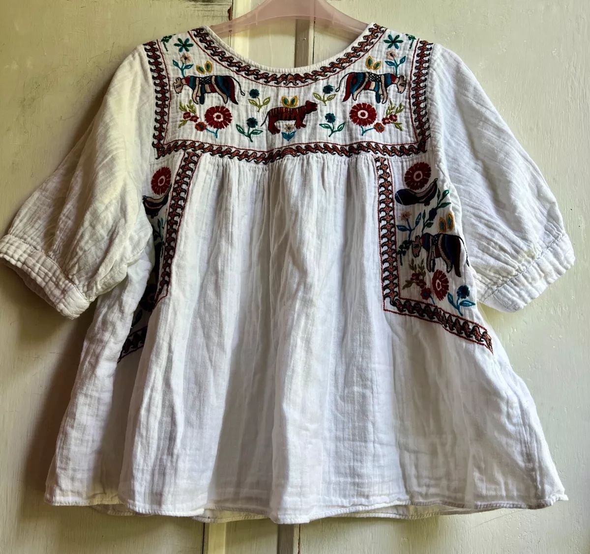 Fab Boho *ZARA* Ivory Embroidered Animals Cotton Gypsy Kaftan Smock Top M  | eBay | eBay US