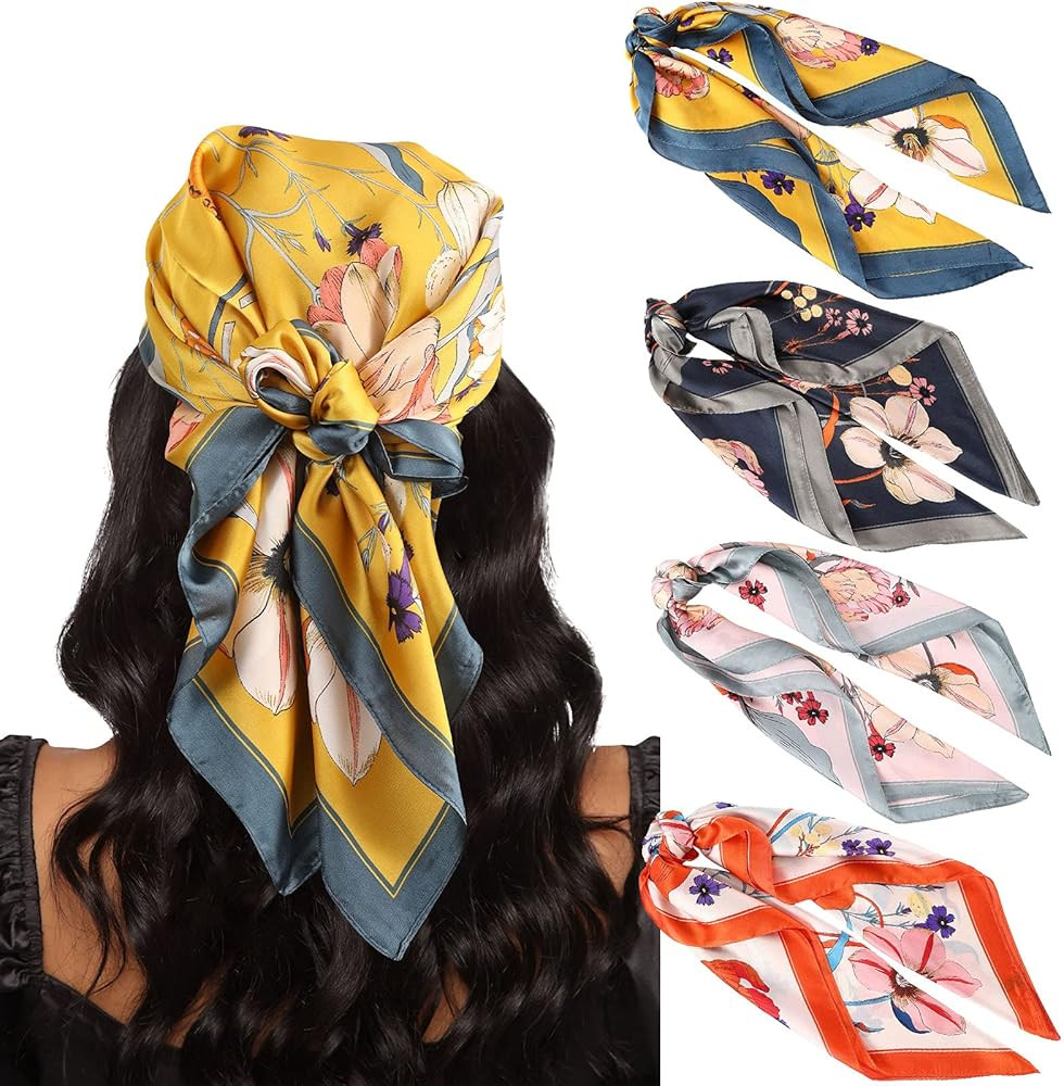 AWAYTR 27.5” Silk Satin Square Head Scarf - 4PCS Satin Head Scarves for Women Hair Kerchief Ban... | Amazon (US)