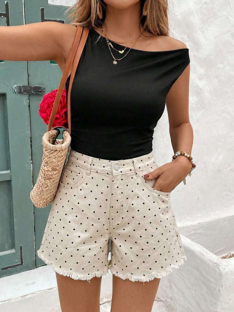 Serisse Women's Casual Polka Dot Print Denim Shorts,Polka Dot Black,Summer,Casual,Holiday,Picnic,... | SHEIN