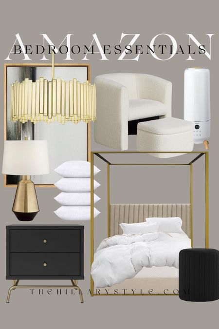 AMAZON Bedroom Essentials: canopy bed, gold chandelier, wall art, nightstand, bedding chair, humidifier pillows, pouf.

#LTKHome #LTKSeasonal #LTKStyleTip