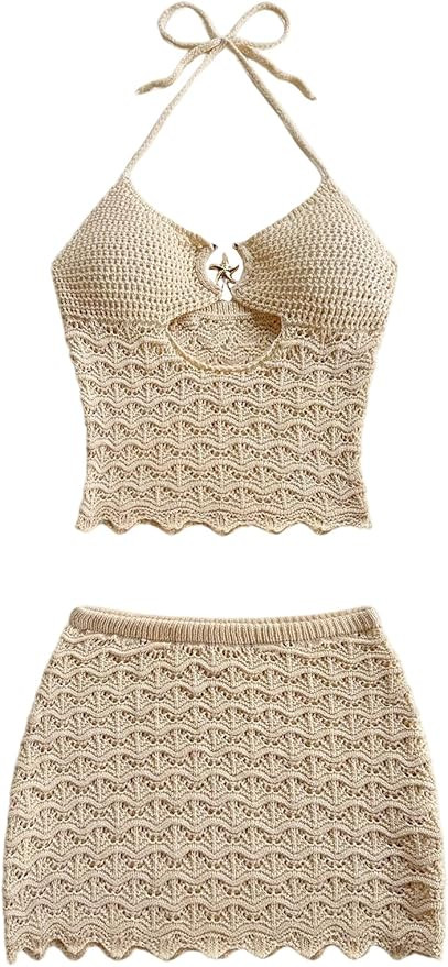GORGLITTER Women's 2 Piece Summer Vacation Beach Outfits Crochet Backless Halter Crop Top and Bod... | Amazon (US)