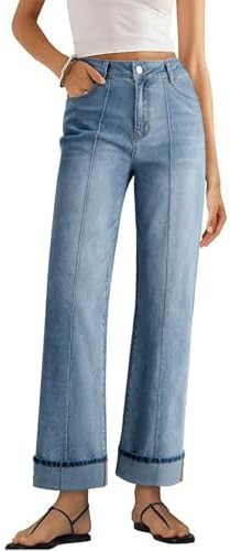 Sidefeel Women's Wide Leg Cuffed Jeans High Waisted Baggy Stretchy Denim Pants with Pockets | Amazon (US)