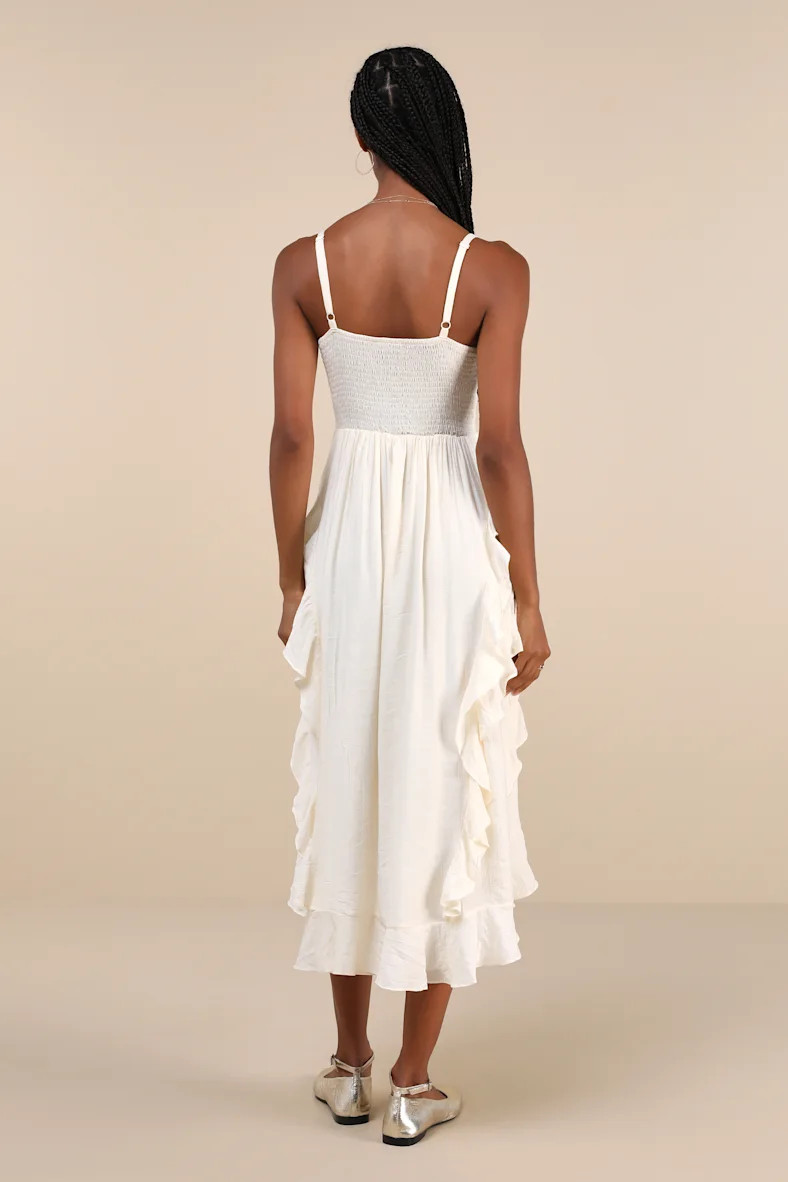 Playful Style Beige Lace-Up Ruffled High-Low Midi Dress | Lulus
