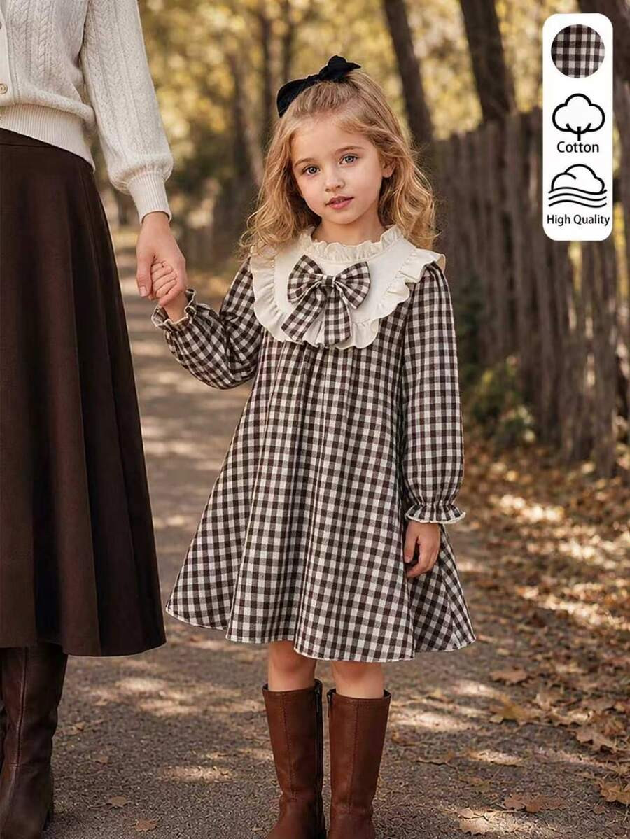 2Pcs Set Girlss' Plaid Long Sleeve Princess Dress Fall Brown And White Little Plaid Fabric With Cream White Ruffle Collar Paired With Matching Plaid 3 | SHEIN