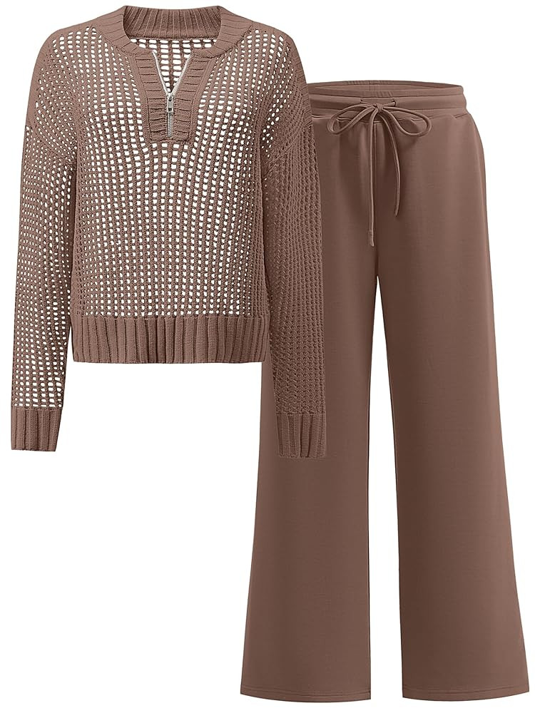 ANRABESS Womens 2 Piece Outfits Crochet Knit Travel Matching Sets Half Zip Sweater Tops Wide Leg ... | Amazon (US)