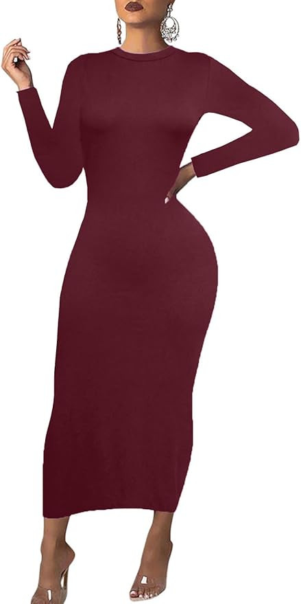 Women's Long Sleeve Bodycon Dress - Maxi Casual Fall Club Party Long Tight Pencil Dresses | Amazon (US)