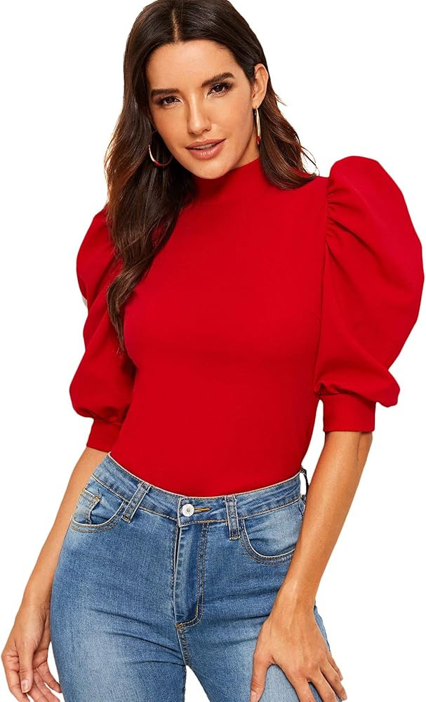 Romwe Women's Puff Half Sleeve Mock Neck Keyhole Back Slim Fit Blouse Tops | Amazon (US)