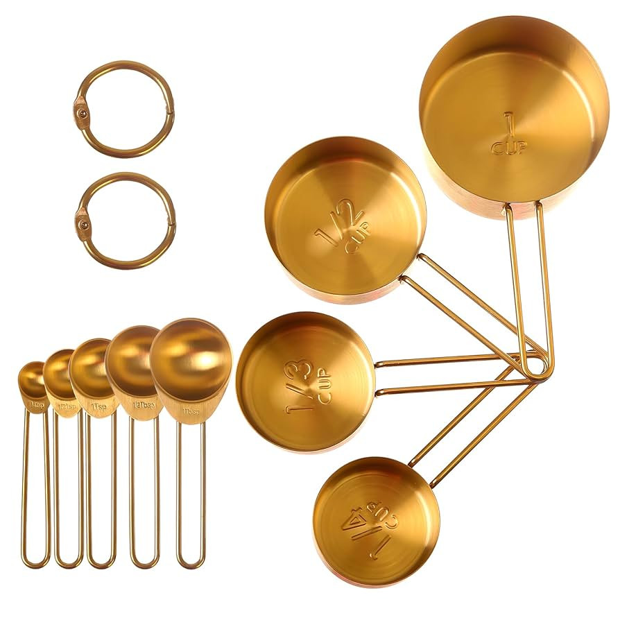 9 Pack Gold Measuring Cups and Spoons Set, Stackable Golden Stainless Steel Measuring Set with Ri... | Amazon (US)