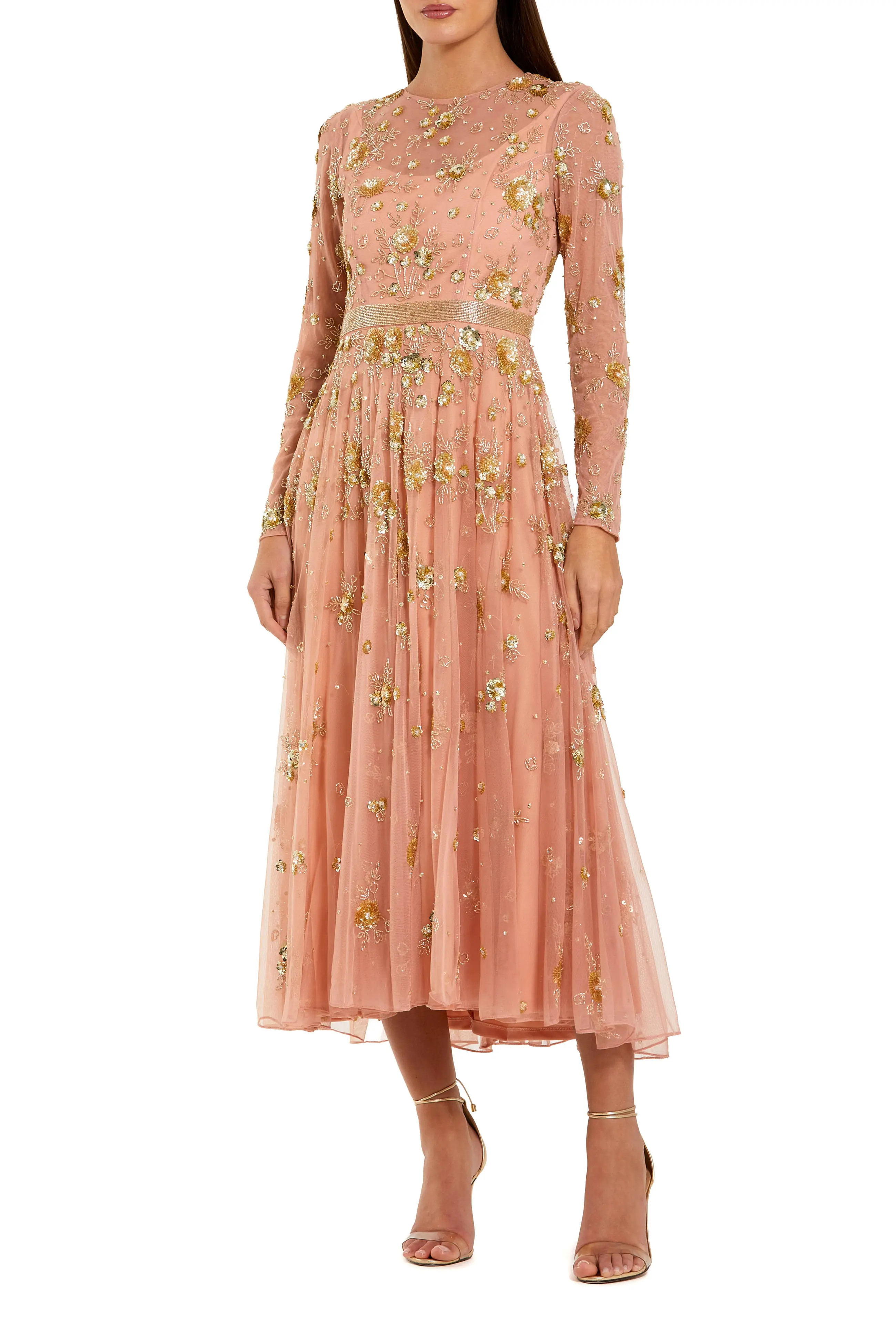 Mac Duggal Beige Beaded Long Sleeve A Line Midi Dress (Women) | Nordstrom | Nordstrom