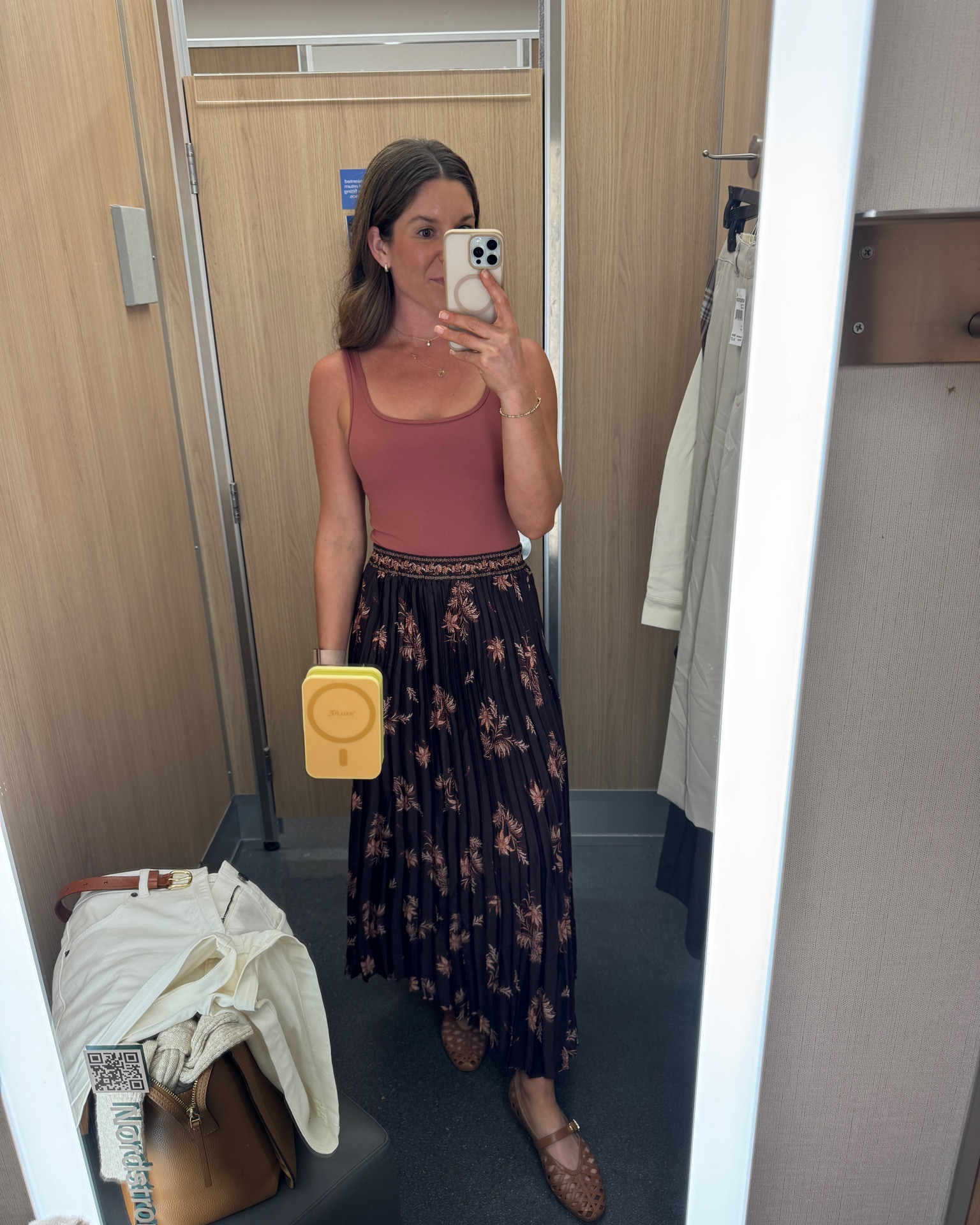 Nordstrom rack try on 🛍️ found some amazing pieces for transitional fall today 

Brown  - size medium 
Cream pants - XS 
Rag and Bone dress - too small tried on the XS needed the S or M 
Jacket - Small 
White Barn Jacket - Small 
Brown T-shirt - Small 
Plaid top - Small 

Took home the cream pants, brown t shirt, and the skirt 🤍
