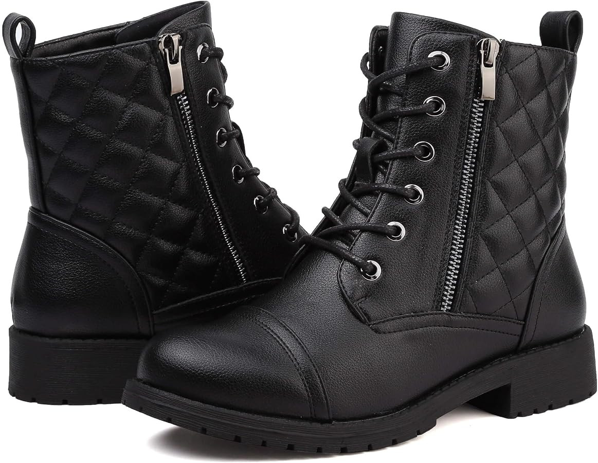 Womens Combat Boots Lace Up Ankle Boots Side Zipper Low Heel Fall Booties | Amazon (US)