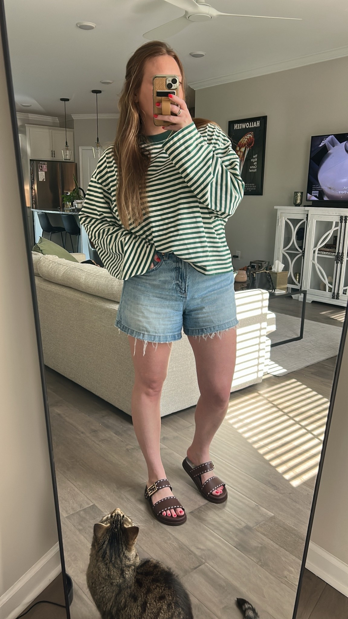 Oversized striped long sleeve - tts wearing a medium 
A line jean shorts / tts wearing a 29
Two strap platform sandals / tts wearing a 37.5

#LTKootd #LTKSeasonal #LTKdayinmylife