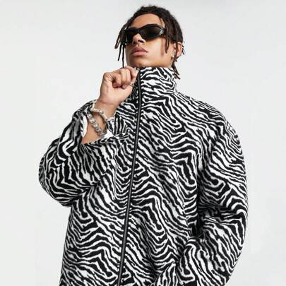 Men's Zebra Pattern Zip Up Collar Casual Loose Long Sleeve Overcoat, Autumn/Winter, Going Out Black Hip Hop Overcoat, For Friends, Husband, Boyfriend | SHEIN