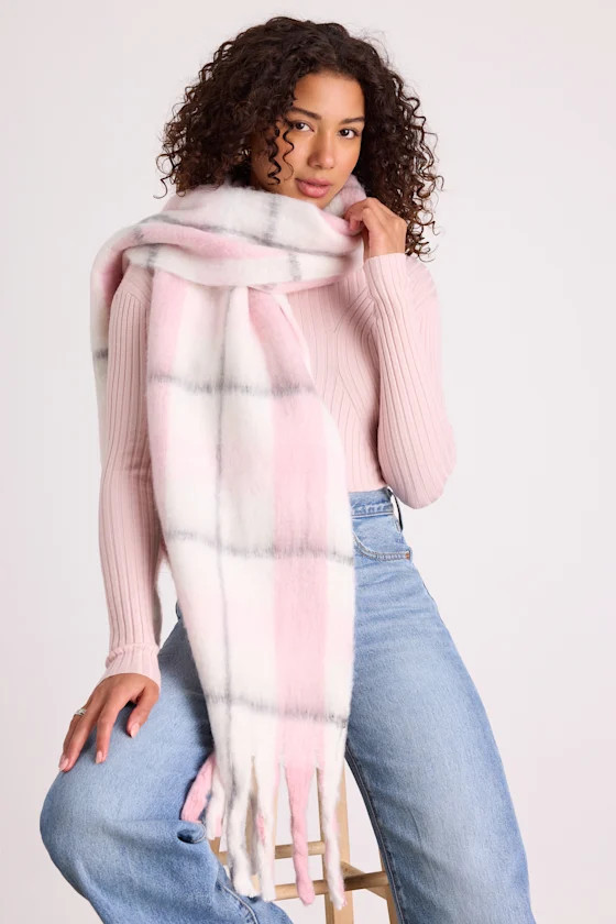 Rami White and Pink Plaid Oversized Scarf | Lulus